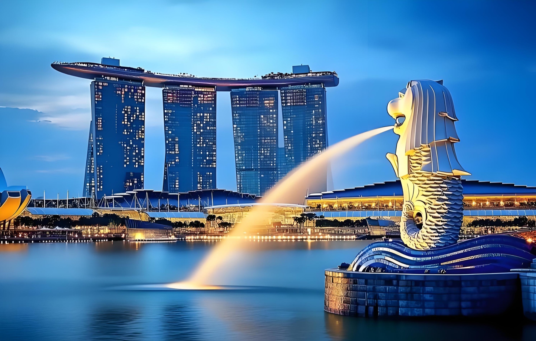 Singapore skyline and Merlion at night